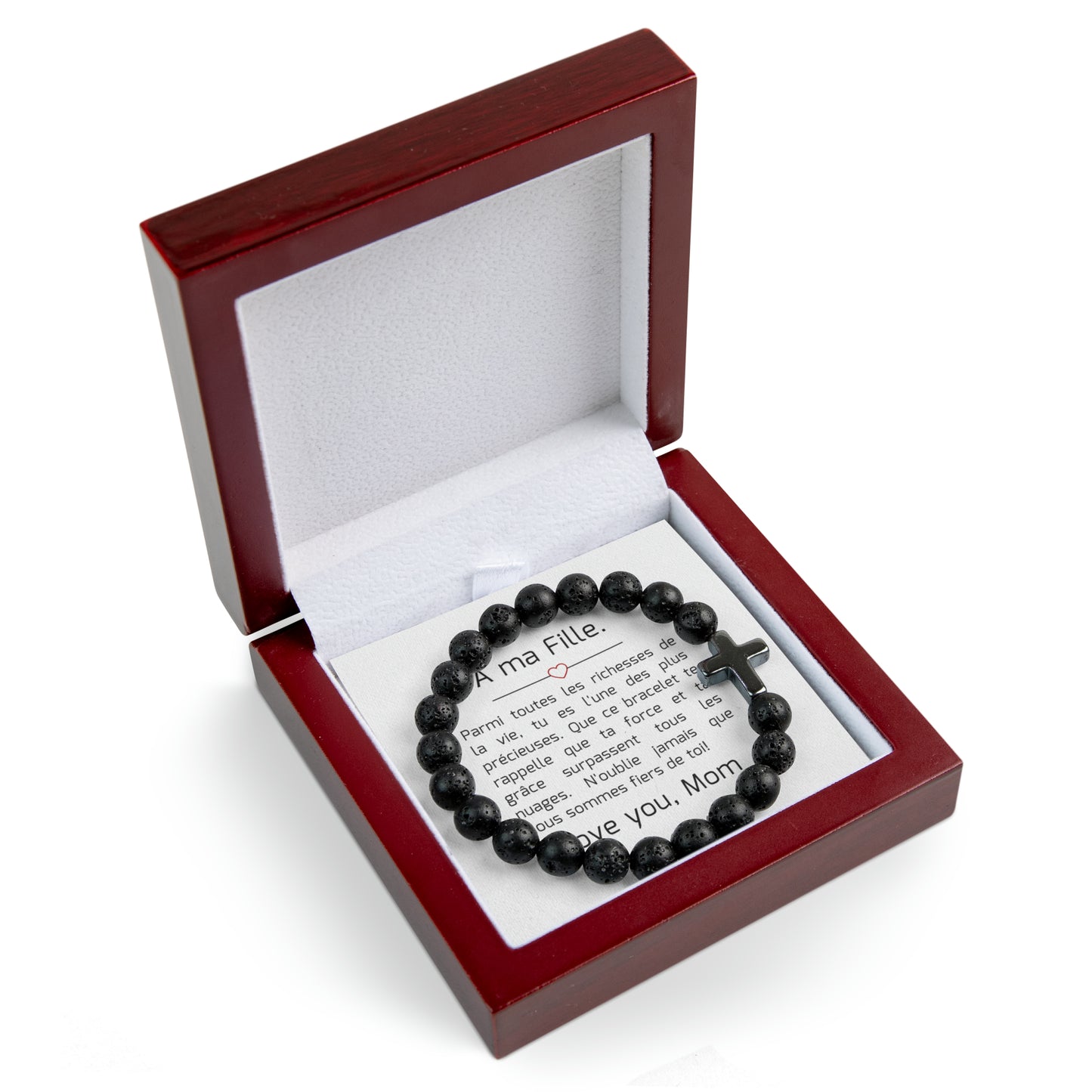 Volcanic Cross Beads Bracelet for daughter: Mom's Precious French Message Edition