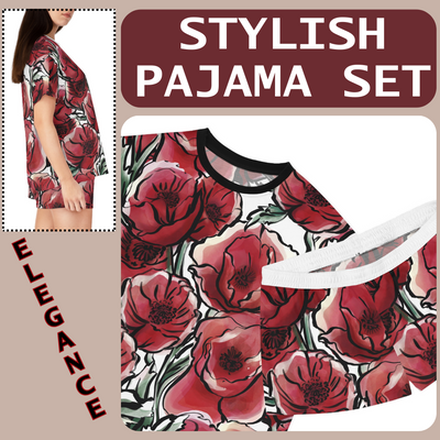 DARK RED LAVISH BLOSSOMS Women's Short Pajama Set (AOP)